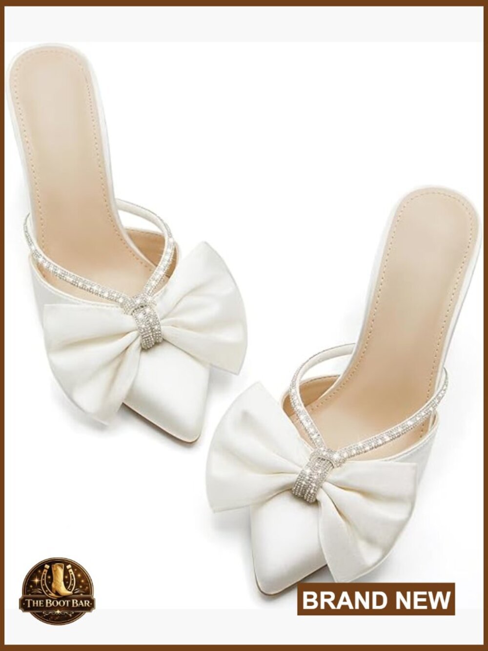 Women's Pointed Toe Bow Heels Mules Rhinestone Satin Backless Wedding Shoes